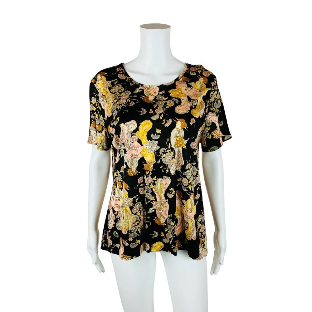 Vintage 1970s Japanese Geisha Print Top Novelty Short Sleeve | B 44"